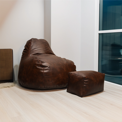 Cone Bean Bag Set of Leather with Stool Light Brown