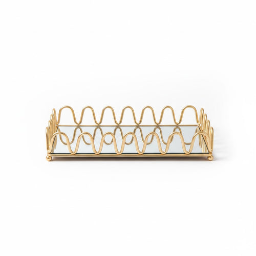 Scalloped Gold Metal Decorative Tray with Mirror Base